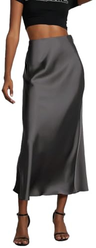 OLIPHEE Gonna Donna Lunga Raso Elegante Maxi Gonne da Donna Solida Colore Elastica Vita Alta A-Line Skirt in Satin Casual Vestiti Vacanza Business Grigio M