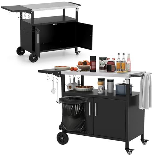 KOMFOTTEU Carro de Barbacoa con Encimera de Acero Inoxidable Plegable, Carrito Auxiliar con Armario con Puertas, Ganchos y Soporte para Bolsas de Basura, Carro para Parrilla con Toallero