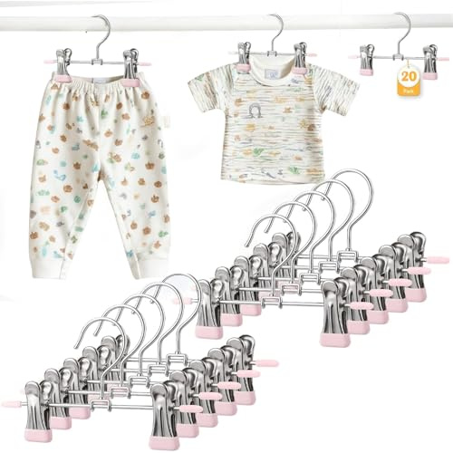Baby Hangers with Clips for Trouser, Non Slip Kids Clothes Hangers 20 Pack | Space-Saving Pink Kids Clothes Hangers work as closet organizers to neatly store baby pants, skirts and children’s clothing