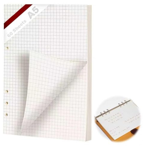 KINETOX A5 Nachfüllpapier Karierte 6 Löcher A5 Papier Nachfüllbare 60 Blätter Refill Paper Ringbucheinlagen für a5 Notizbücher Tagebücher Skizzen Agenden Planer