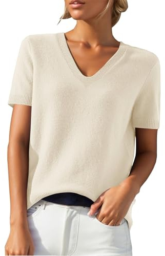 PODOLIXIA Jersey de manga corta para mujer, cuello de pico, de punto, monocolor, manga corta, jersey de punto fino, suave, respetuoso con la piel, para verano, suéter para mujer, beige, XL