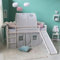 Homestyle4u 1885, Kinderbett Hochbett 90x200 cm Weiß Grau mit Rutsche Treppe Tunnel Vorhang Sterne Holz Kiefer