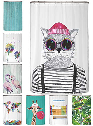 arteneur® - Hipster Katze Berlin - Anti-Schimmel Duschvorhang 120x200 - Recycelt mit Öko-Tex Standard 100 - Beschwerter Saum, Blickdicht, Wasserdicht, Waschbar, 8 Ringe & E-Book mit Reinigungs-Tipps