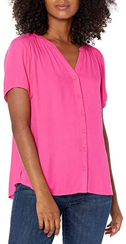 Amazon Essentials Women's Relaxed-Fit Short-Sleeved Woven Blouse, Hot Pink, L