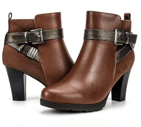 mysoft Women's Chunky Stacked Heel Ankle Boots Zipper Buckle Booties