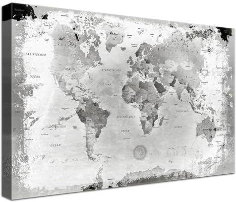 Stilvolle Pinnwand Weltkarte - Retro Hellgrau - Deutsch in 100 x 70 cm, stabile Rückwand zum Pinnen inkl. Starterkit - Leinwand-Kunstdruck Wandbild Landkarte XXL