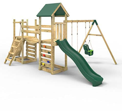Rebo® Double Tower Climbing Frame with Flexible Bridge, Swing and Slide - Rainier | OutdoorToys | Kids' Outdoor Wooden Garden Play Equipment, Children's Jungle Gym