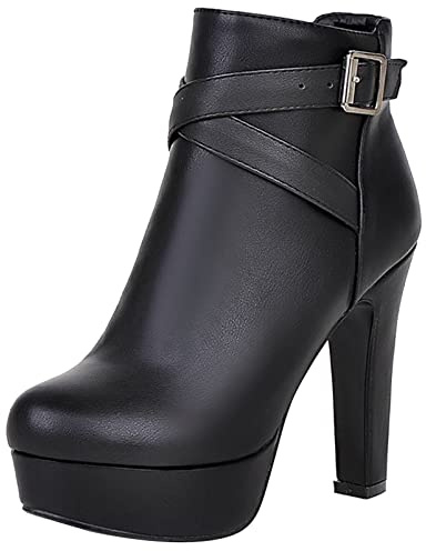 Diuniarza Stivaletti da Donna con Tacco Alto, Stivaletto Tacco a Blocco Zip Punta Rotonda Polacchine Eleganti con Plateau, 5686Yjj Nero Numero 32 EU