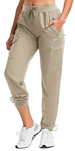 BVVU Damen-Wanderhose, leicht, schnell trocknend, für Reisen, Outdoor, wasserdicht, Arbeitshose, Cargo-Jogginghose mit Reißverschlusstaschen, Khaki, M