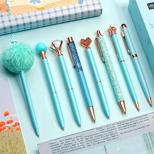 WEMATE 8Pcs Ballpoint Pens Set,Ballpoint Pen Bling for Women,Girly Pens,Black and Blue Ink Ball Point Pen Gifts for Wedding Bridesmaid Office Blue