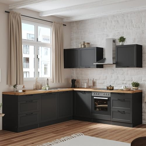 Lomadox Winkelküche Küche Einbauküche Küchenzeile L-Form 240/240 cm mit E-Geräten in grau, Arbeitsplatte in Eiche, inkl. Dunstabzugshaube, Herd, Backofen, Geschirrspüler