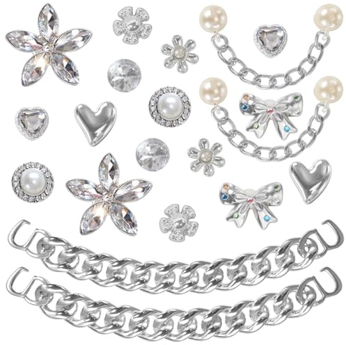 WYVAS 20 Pcs Bling Shoe Charms for Women, Plastic Rhinestone Flower Pearl Gems Shoe Charms, Sparkling Silver Shoe Chains, DIY Sandals Clog Shoe Decoration Charms for Birthday Favors Party Accessories