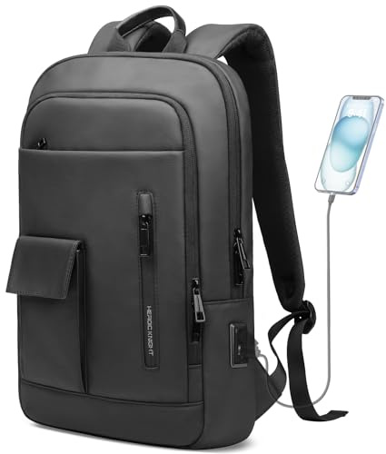 Mochila delgada para portátil para hombres, mochila compacta ligera resistente al agua con puerto de carga USB, bolsa para ordenador para viajes de negocios para universidad escuela bolsa para oficina