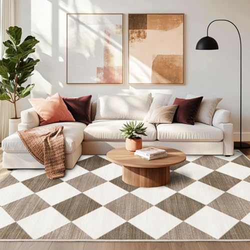 Chicnix Teppich Wohnzimmer Kurzflor, Schlafzimmerteppich Waschbar rutschfest Weich, Moderner Kariert Geometrisch Teppich 140x200 für Schlafzimmer Kinderzimmer Büro Esszimmer, Braun Beige Weiß