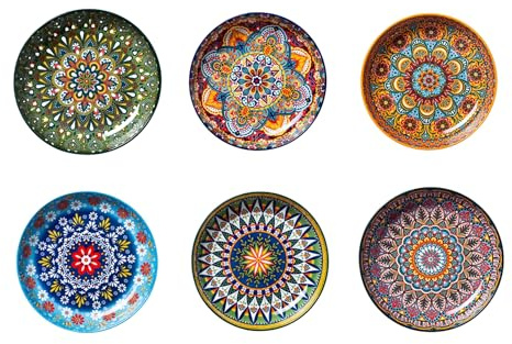 Stoneware Ceramic Pasta Bowls Set of 6 Deep Plates – 8 Inch Shallow Dinnerware, Premium Mandala Boho Salad Soup Rice Bowls, Colorful Decorative Ceramic Serving, Microwave Dishwasher Oven Safe Rimmed