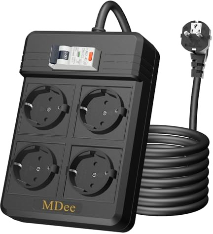 MDee RCD Steckdosenleiste mit Fi Schutzschalter, 4-Fach Steckdose Mehrfachsteckdose 3m Verlängerungskabel mit Leistungsschalter, 4000W 16A überspannungsschutz, für Haushalt Geräte, Werkzeuge, Büro