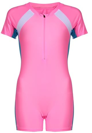Lancry Maillot de bain une pièce pour garçons et filles - Maillot de bain à manches courtes - 6-14 ans, Rose, 12-15 ans