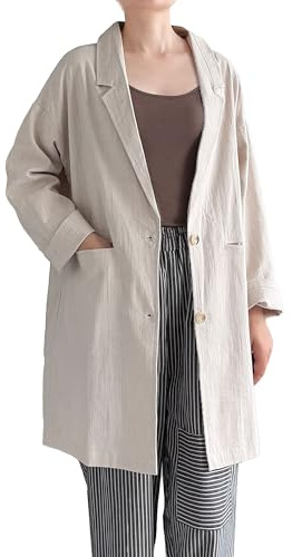 Minibee Women's Blazer Lightweight Jackets Cotton Linen Long Sleeve Shirts Casual Blouses Jacket with Pockets Nature Medium