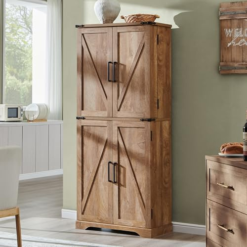 ACCOHOHO 72 Tall Kitchen Pantry, Farmhouse Storage Cabinet with Barn Doors, Organizer, Drawer and Adjustable Shelves, Rustic Wood Cupboard for Kitchen, Dining Room, Bathroom and Hallway, Light Walnut