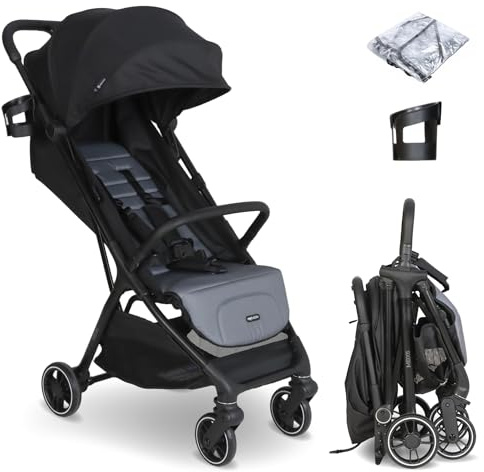My Babiie MBX6 Autofold Stroller – from Birth to 4 Years (22kg), Foldable & Compact, Lightweight, Travel Buggy for Toddlers, Pushchair Includes Rain Cover - Black & Grey