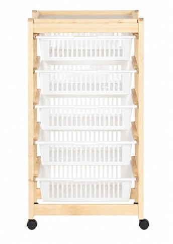 Paluplus Carrello per verdure a 5 ripiani in Legno Naturale, misura 45x30x85,5 cm, 5 Cestelli in Plastica con Vassoio Portaoggetti e 4 Ruote girevoli, Scaffale da cucina per frutta e verdura -6015F -4