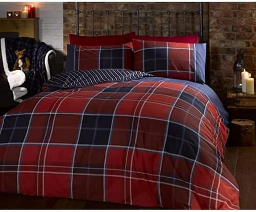 Ensemble Parure de lit Duvet Double Argyle avec Housse de Couette réversible et 2 taies d'oreiller - Carreaux écossais - Rouge