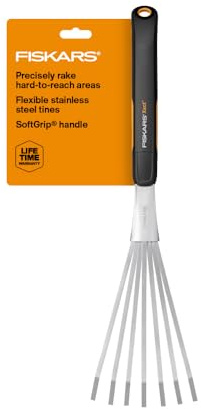 Fiskars Xact Hand Rake, Heavy Duty Gardening Hand Tool with Ergonomic Handle and Hanging Hole for Storage, Stainless Steel Head and Tines, Perfect for Maintaining a Raised Garden Bed