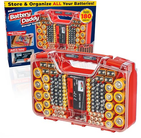 Ontel Battery Daddy Storage & Organizer Case w/Tester, Stores & Protects Up to 180 Batteries, Double-Sided, Clear Locking Lid, Secure Latches & Portable Carrying Handle - Red (Batteries Not Included)
