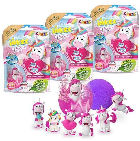 INKEE Surprise Unicorn Badebomben - 3er Set Magische Badekugel mit Überraschung, Kinder Badebomben mit Einhorn Spielfiguren, Pop-Corn Duft, 3x 100g