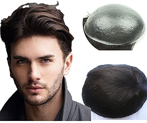 N.L.W. Parrucca Uomo PU Toupet Pezzi di Capelli Umani Europei per Gli Uomini Sostituzione dei Capelli Sistema 8×10 Pollici Parrucche 0.06 Centimetri di Spessore Uomini Parrucca in Marrone Scuro