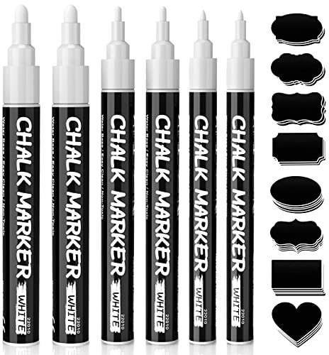 SAKEYR White Chalk Pens, 6 Pack Liquid Chalk Marker for Blackboards, Window Pens for Glass Washable, Wipeable Chalkboard Pen-1, 3, 6mm Reversible Tip with 45 Waterproof Labels
