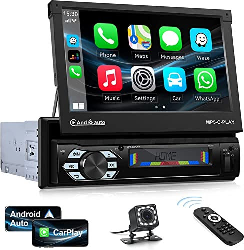 CAMECHO Radio coche Pantalla Extraible con Carplay et Android Auto, Autoradio 1 DIN con 7''Retráctil Automático Pantalla Táctil Reproductor Multimedia con FM/USB/SD Enlace Espejo+Cámara Visión Trasera