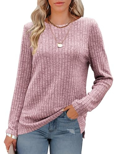 Odosalii Tunic Tops for Women UK, Ladies Tops, Long Sleeve Tops Women, Solid Color Crewneck Jumpers Elegant Ribbed Knit Sweater Basic Thermal Pullover Light Pink