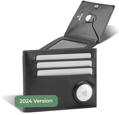 ISENTIALS® AirTag* Custodia per carte di credito in pelle di alta qualità, slim wallet da uomo con supporto Apple AirTag – protezione RFID, 6 scomparti per carte di credito e clip per denaro, Nero ,