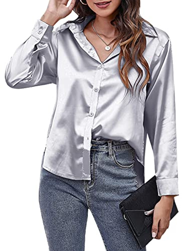 Panegy Ladies Satin Blouses Long Sleeve Shirts V Neck Tops Silk Like Front Button Lapel Shirts for Women for Office Work Business Wedding Evening Party Silver L
