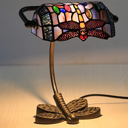 errzom Mini Small Dragonfly Tiffany Style Stained Glass Banker Desk Table Lamp with Adjustable 8 Wide Lampshade for Reading Working Living Room Bedroom Library Bedside, 10 Tall,Blue Purple