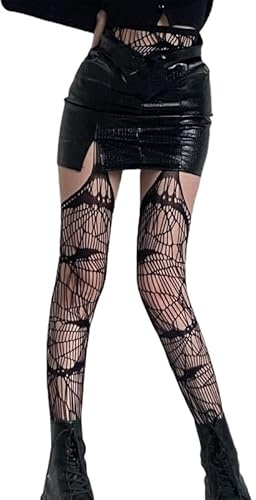 HANSAMU Halloween Spiderweb Gothic Tight Stockings Women Fishnet Stockings Suspender Pantyhose Bat Spider Web Thigh High Stockings Striped Open Crotch Mesh Tights(Black)