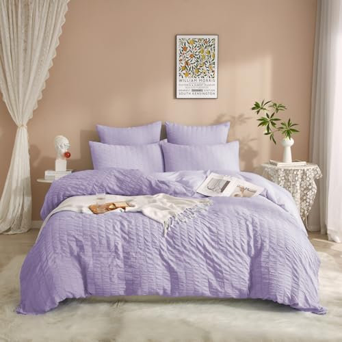 Luofanfei Seersucker Bettwäsche 135x200 4teilig Lila Sommer Gestreift Einfarbig Wende Bettwäsche Set Microfaser Atmungsaktiv Leicht Bettbezüge 135 200 cm Einzelbett und Kissenbezüge 80x80 cm
