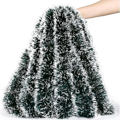 10M Chunky Christmas Tinsel Garland for Christmas Tree and Home, Christmas Tree Hanging Tinsel Xmas Tinsel Decorations, Dark Green Xmas Tinsel