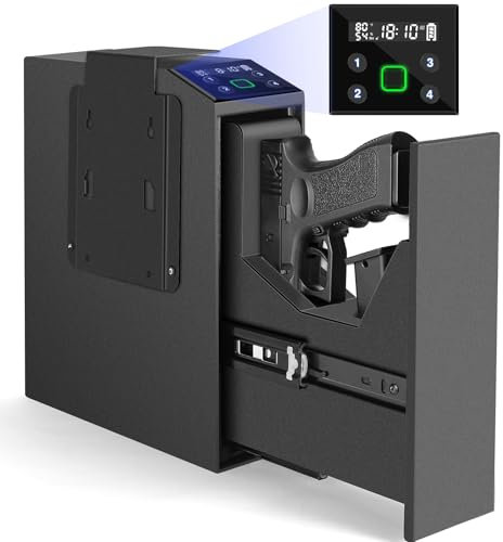 Caja fuerte biométrica deslizante para pistola de mano con pantalla LCD de temperatura y humedad para mesita de noche, escritorio, lado de cama, pared, camión