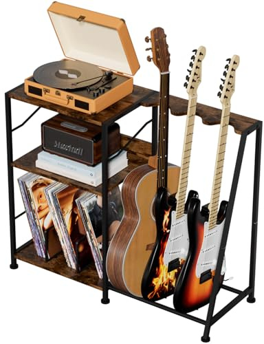 Hosfais Record Player Stand, 3 Tier Guitar Stand for Acoustic, Electric Guitar, Bass Stand, Vinyl Record Storage Up to 200 Albums, Brown Records Shelf for Living Room Bedroom (Rustic Brown)