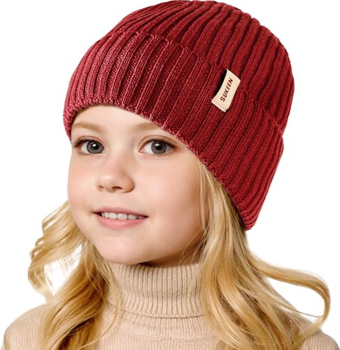 Sukeen Kids Winter Beanie Hat for Girls & Boys - Warm Knitted Hat, Age 3-10, Seepage Proof, Skull Cap for Daily Outdoor Use Wine Red