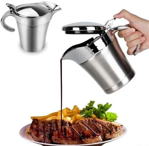 Zeroupshop Carafe à sauce de table de salle à manger avec couvercle, saucière en acier inoxydable, double isolation pour servir de la sauce, de la crème anglaise (450 ml)