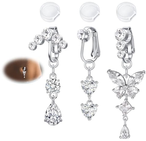 AVYRING 3 Pezzi Anelli per Ombelico Finti Clip-On, Gioielli per Pancia Regolabili senza Piercing per Donne, Farfalla, Design a Cuore con CZ, Acciaio Inossidabile Argento/Oro, Acciaio inossidabile