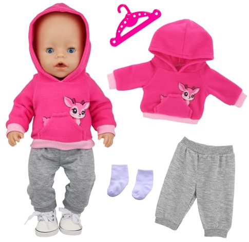 Baby Doll Clothes for 14-18 inch Baby Dolls, 4 Pcs Cute 34-45cm Rose Red Sika Deer Doll Clothes, Rose Red Sika Deer Hoodie + Gray Pants + Socks + Hanger, Sweet Doll Outfits Gifts for Children