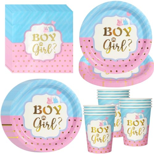 PYAILI Set 52 pezzi in blue rosa Piatti, bicchieri e tovaglioli per baby shower e compleanni, per 16 ospiti