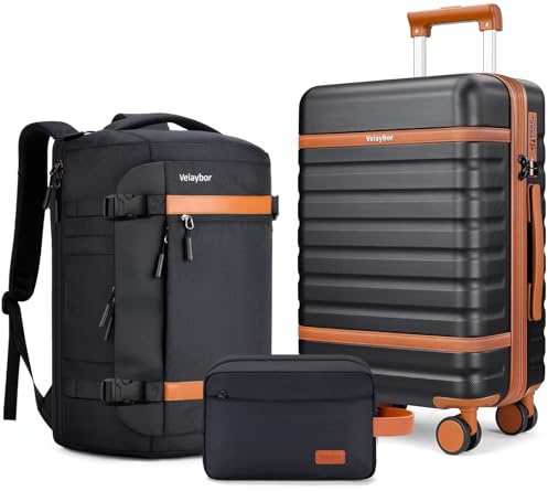 Velaybor Luggage Sets 3 Piece with Spinner Wheels, Lightweight PC Hardside Suitcase with TSA Lock & YKK Zippers, 20 Inch Carry On Luggage with Travel Bag for Men and Women, Black