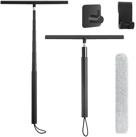 KOSLEOW Tergivetro per Doccia Telescopico 120-146cm, Tira Acqua per Vetri con Manico in Alluminio e 32CM Testina in Silicone, Pulisci Vetri per Finestre, Bagno, Auto