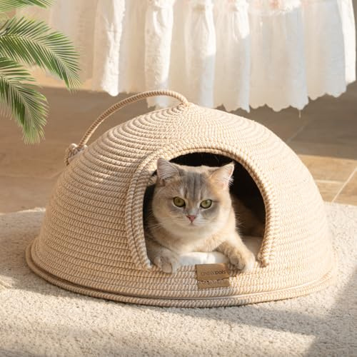 CheerPals Cat Cave Bed & Igloo Hideaway - Durable Woven Yarn Cat House for Indoor Cats, Scratch-Resistant Hard Shell Nest with Washable Cushion, Detachable Covered Sleeping Hut, Large