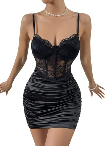 Naimo Robe corset en dentelle pour femme - Sexy - Bretelles spaghetti - Mini robes de cocktail - Robe courte à volants